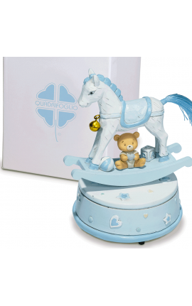 Bomboniera Solidale Battesimo Compleanno Carillon Cavalluccio a Dondolo Orsetto Celeste Con Box