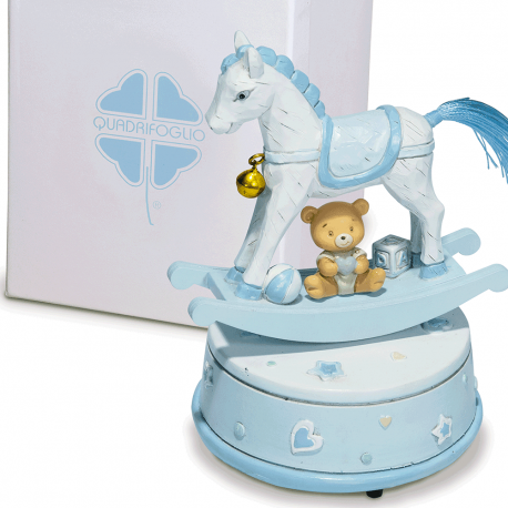 Bomboniera Solidale Battesimo Compleanno Carillon Cavalluccio a Dondolo Orsetto Celeste Con Box