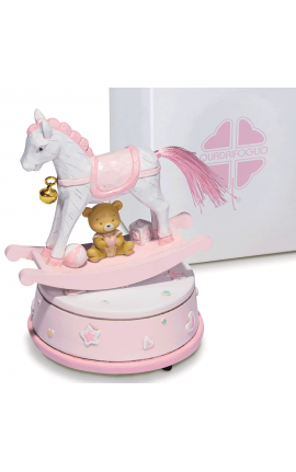 Bomboniera Solidale Battesimo Compleanno Carillon Cavalluccio a Dondolo Orsetto Rosa Con Box