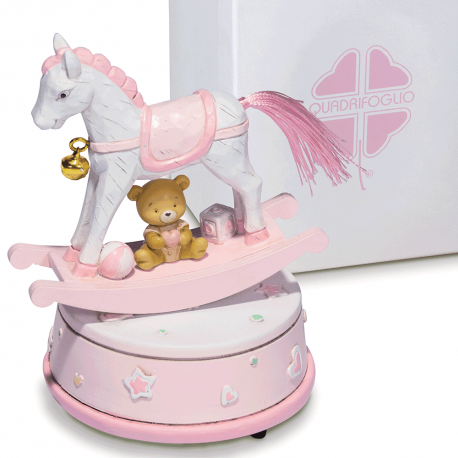 Bomboniera Solidale Battesimo Compleanno Carillon Cavalluccio a Dondolo Orsetto Rosa Con Box