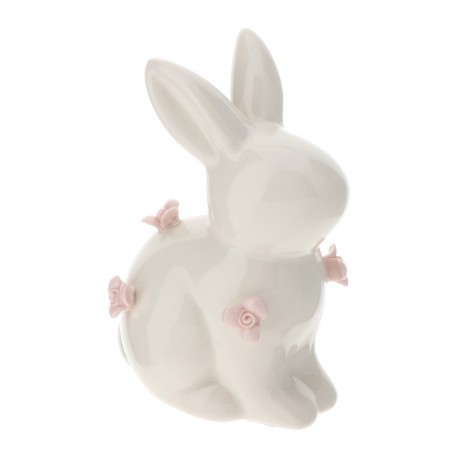 Bomboniera  Battesimo Compleanno Coniglio Coniglietto Porcellana Con Fiori Rosa Con Box Hervit