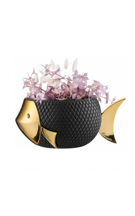 Bongelli Vaso Pesce Scultura  in Marmorino Nero Oro 32×30