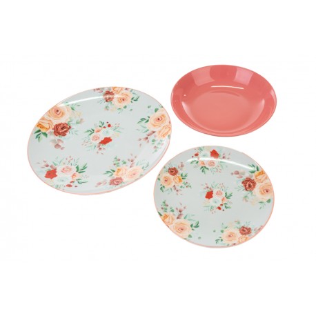 Servizio Piatti  set 18 pezzi piatti decoro pink e roses Floreale Porcellana
