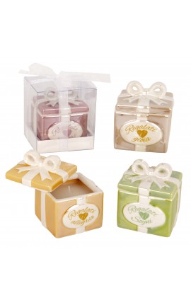 Bomboniera Matrimonio Battesimo Compleanno Scatola Candela Pacco Regalo Porcellana 4 Colori Assortiti con Scatola Trasparente