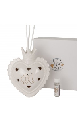 Bomboniera Matrimonio  Profumatore Diffusore Cuore Porcellana Led Coppia Sposi Bianco e Oro con Box