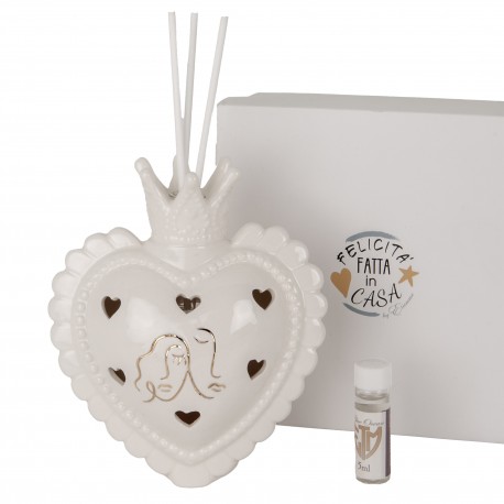 Bomboniera Matrimonio  Profumatore Diffusore Cuore Porcellana Led Coppia Sposi Bianco e Oro con Box