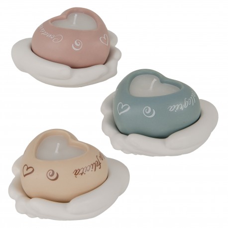 Bomboniera Matrimonio Battesimo Comunione Candela Cuore Mani  3 Colori Assortiti