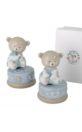 Bomboniera Battesimo Nascita Compleanno Carillon Orsetto Celeste Porcellana 2 Assortiti Con Box
