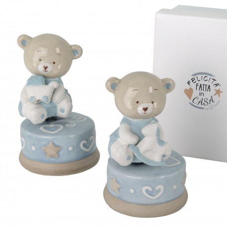 Bomboniera Battesimo Nascita Compleanno Carillon Orsetto Celeste Porcellana 2 Assortiti Con Box