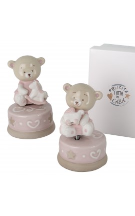 Bomboniera Battesimo Nascita Compleanno Carillon Orsetto Rosa Porcellana 2 Assortiti Con Box