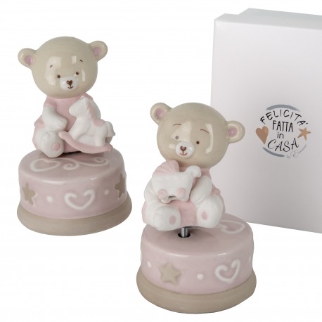 Bomboniera Battesimo Nascita Compleanno Carillon Orsetto Rosa Porcellana 2 Assortiti Con Box