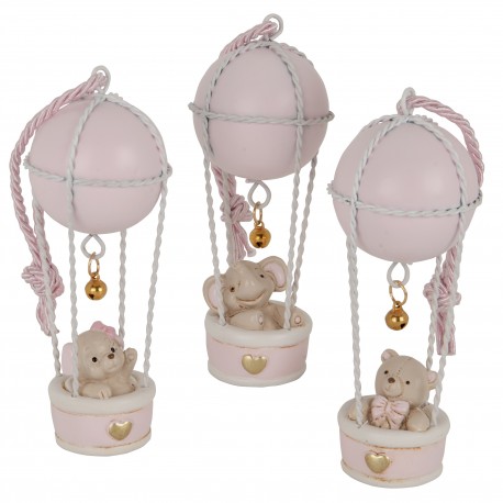Bomboniera Battesimo Nascita Compleanno Mongolferiera Orsetto Cagnolino Elefantino Rosa 3 Assortiti