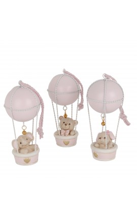 Bomboniera Battesimo Nascita Compleanno Mongolferiera Orsetto Cagnolino Elefantino Rosa 3 Assortiti h.16 Cm