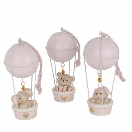 Bomboniera Battesimo Nascita Compleanno Mongolferiera Orsetto Cagnolino Elefantino Rosa 3 Assortiti h.16 Cm