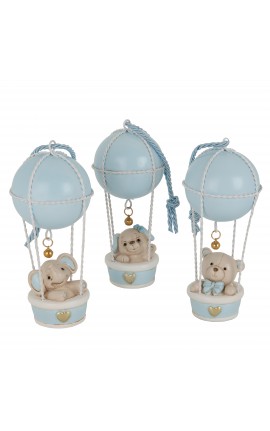 Bomboniera Battesimo Nascita Compleanno Mongolferiera Orsetto Cagnolino Elefantino Celeste 3 Assortiti h.14 Cm