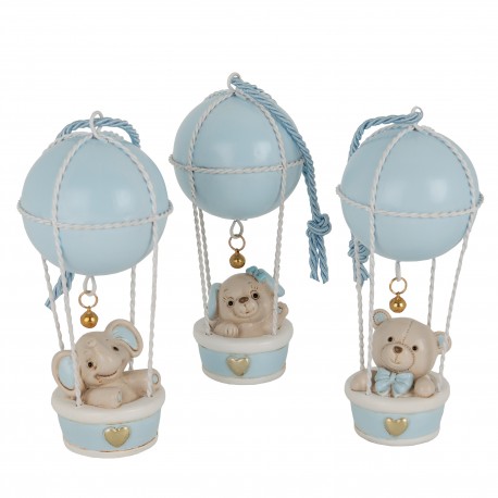 Bomboniera Battesimo Nascita Compleanno Mongolferiera Orsetto Cagnolino Elefantino Celeste 3 Assortiti h.14 Cm