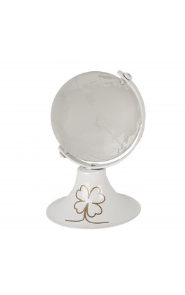 Bomboniera Matrimonio Compleanno Comunione Mappamondo Bianco Con Quadrifoglio h.8 Cm