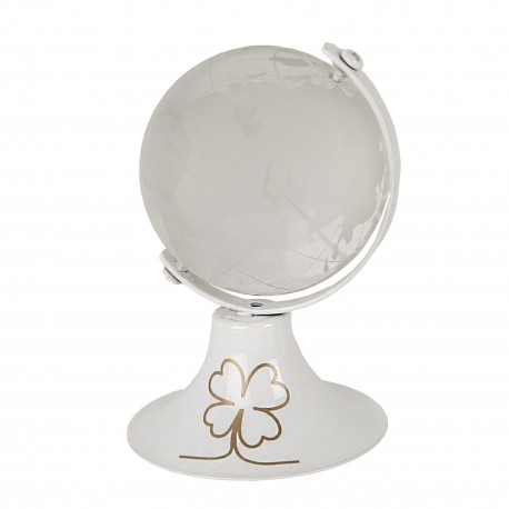 Bomboniera Matrimonio Compleanno Comunione Mappamondo Bianco Con Quadrifoglio h.8 Cm