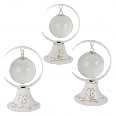 Bomboniera Matrimonio Compleanno Comunione Mappamondo Bianco Con Quadrifoglio Led 3 Assortiti