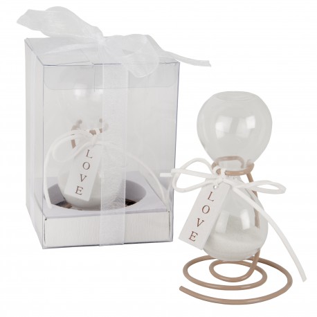 Bomboniera Matrimonio Clessidra Love Con Supporto Bianca Con Scatola Trasparente