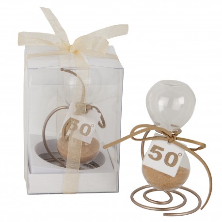 Bomboniera 50° Anniversario Clessidra Oro Con Supporto  Con Scatola Trasparente