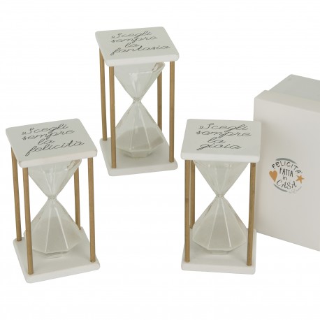Bomboniera Matrimonio Comunione Clessidra Bianca 3 Assortiti h.14 Cm Epoca Con Box