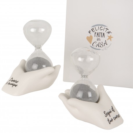 Bomboniera Matrimonio Comunione Clessidra Argento Su mano 2 Assortiti Con Box