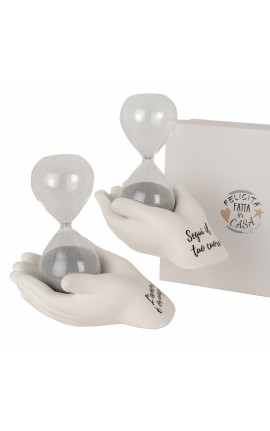 Bomboniera Matrimonio Comunione Clessidra Argento Su mano 2 Assortiti h.12 Cm Con Box