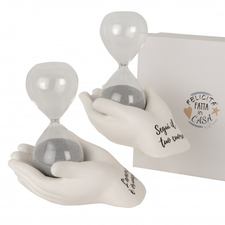 Bomboniera Matrimonio Comunione Clessidra Argento Su mano 2 Assortiti h.12 Cm Con Box