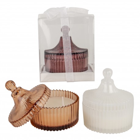 Bomboniera Matrimonio Comunione  Scatola Candela Profumata Vetro 3 Colori Assortiti h.12 Cm Con Scatola Trasparente