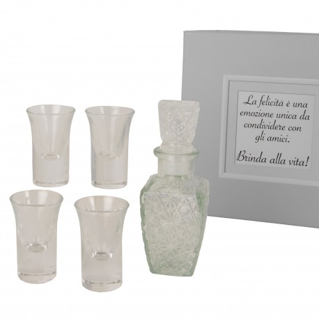 Bomboniera Matrimonio Set 5 Pezzi Bottiglia e 4 Bicchierini da Liquore Con Box