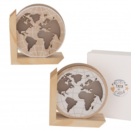Bomboniera Matrimonio Comunione Mappamondo Led 2 Assortiti Legno h.14 Cm Con Box