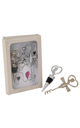 Bomboniera Matrimonio Tappo Vino e Cavatappi Coppia Sposi Bacio 2 Assortiti Con Box