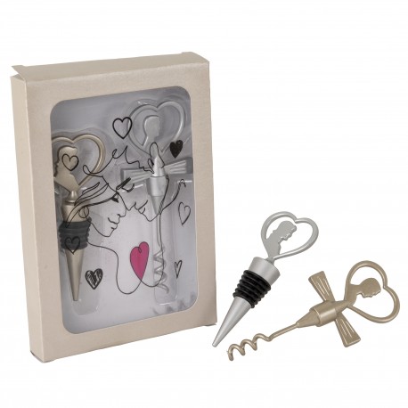 Bomboniera Matrimonio Tappo Vino e Cavatappi Coppia Sposi Bacio 2 Assortiti Con Box