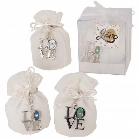 Bomboniera Matrimonio Anniversario Sacchetto con Portachiavi Love 4 Assortiti con Box