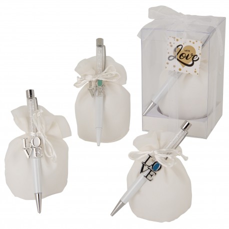 Bomboniera Matrimonio Anniversario Sacchetto con Penna Love 4 Assortiti con Box