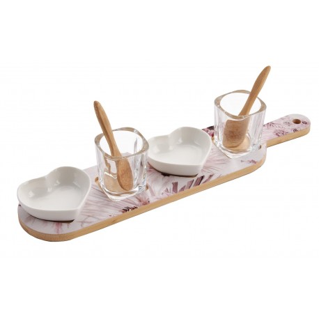 Bomboniera Matrimonio Set Antipastiera Con 2 Ciotoline Cuore Porcellana e 2 Bicchierini e Cucchiani Decoro Floreale Rose