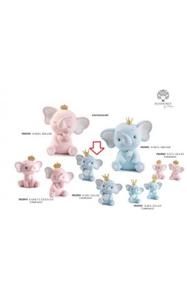 Bomboniera Battesimo Nascita Elefantino Seduto Celeste Con Corona Oro h.5,8 Cm