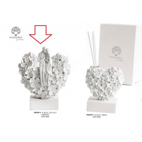 Bomboniera Matrimonio Vasetto Cuore Bianco Coppia Sposi e Fiori Con Box