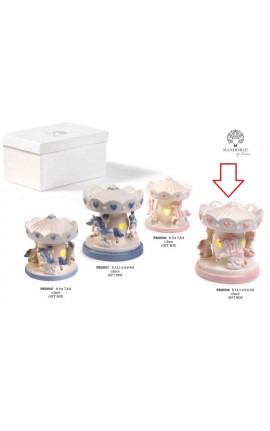 Bomboniera Battesimo Nascita Giostra Giostrina Cavallucci Led Porcellana Rosa con Box