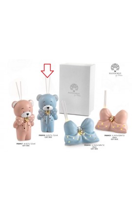 Bomboniera Battesimo Nascita Profumatore Diffusore Orsetto con Fiocco Porcellana Celeste Con Box