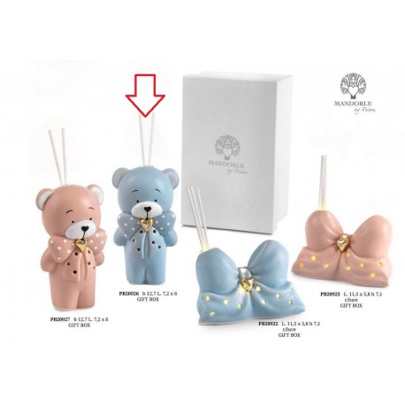 Bomboniera Battesimo Nascita Profumatore Diffusore Orsetto con Fiocco Porcellana Celeste Con Box