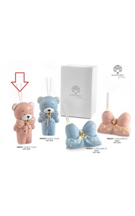 Bomboniera Battesimo Nascita Profumatore Diffusore Orsetto con Fiocco Porcellana Rosa Con Box