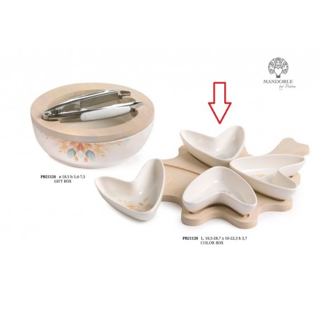 Bomboniera Matrimonio Set Antipastiera 4 Ciotole Porcellana e Legno Con Box