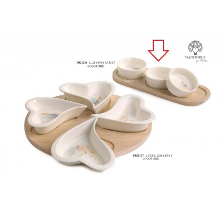 Bomboniera Matrimonio Set 3 Ciotoline Porcellana Su Vassoio Legno Con Box
