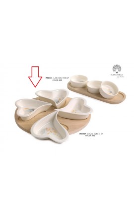 Bomboniera Matrimonio Set Antipastiera 4 Ciotoline Cuore Porcellana Su Vassoio Legno Con Box