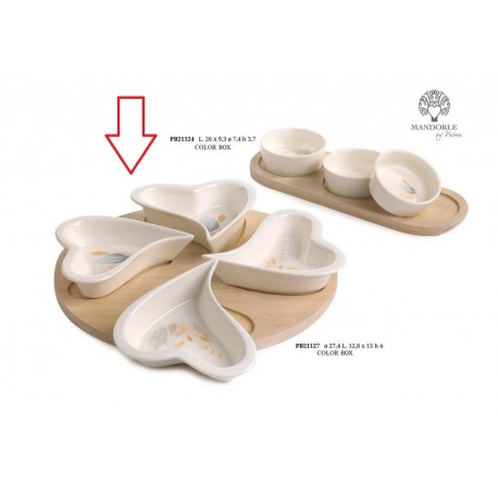Bomboniera Matrimonio Set Antipastiera 4 Ciotoline Cuore Porcellana Su Vassoio Legno Con Box