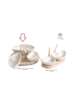 Bomboniera Matrimonio Set Antipastiera 3 Ciotoline Porcellana  Con Spiedini Su Vassoio Legno Con Box