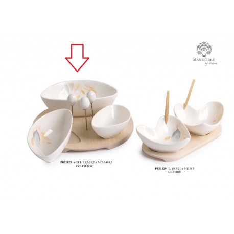 Bomboniera Matrimonio Set Antipastiera 3 Ciotoline Porcellana  Con Spiedini Su Vassoio Legno Con Box
