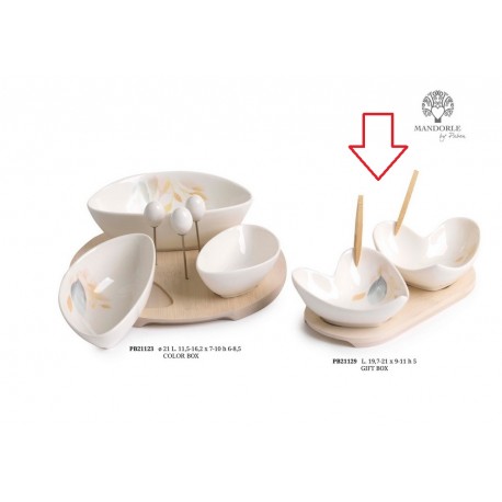 Bomboniera Matrimonio Set Antipastiera 2 Ciotoline Cuore Porcellana Su Vassoio Legno Con Box